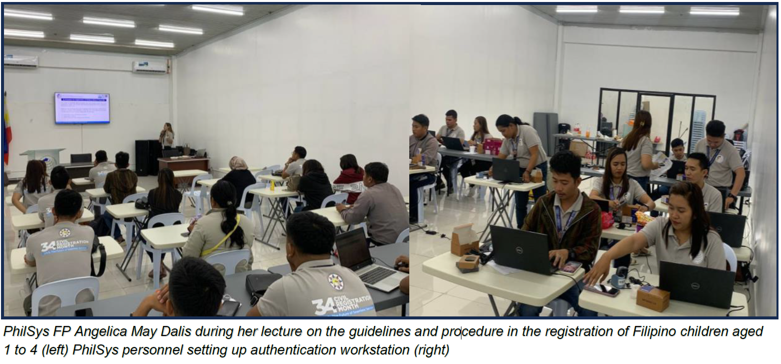 PhilSys FP Angelica May Dalis during her lecture on the guidelines and procedure in the registration of Filipino children aged 1 to 4 (left) PhilSys personnel setting up authentication workstation (right)