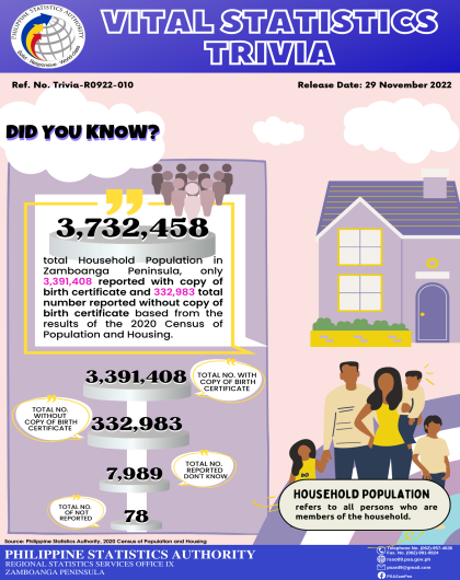 Household Population With or Without Copy of Birth Certificate in Zamboanga Peninsula: 2020